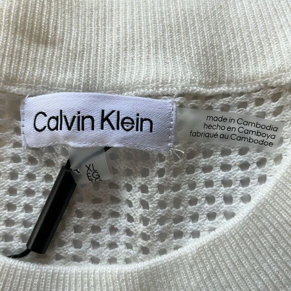 NWOT Calvin Klein | White Mesh Open Weave Logo Crewneck Pullover Sweater XL - Picture 7 of 9